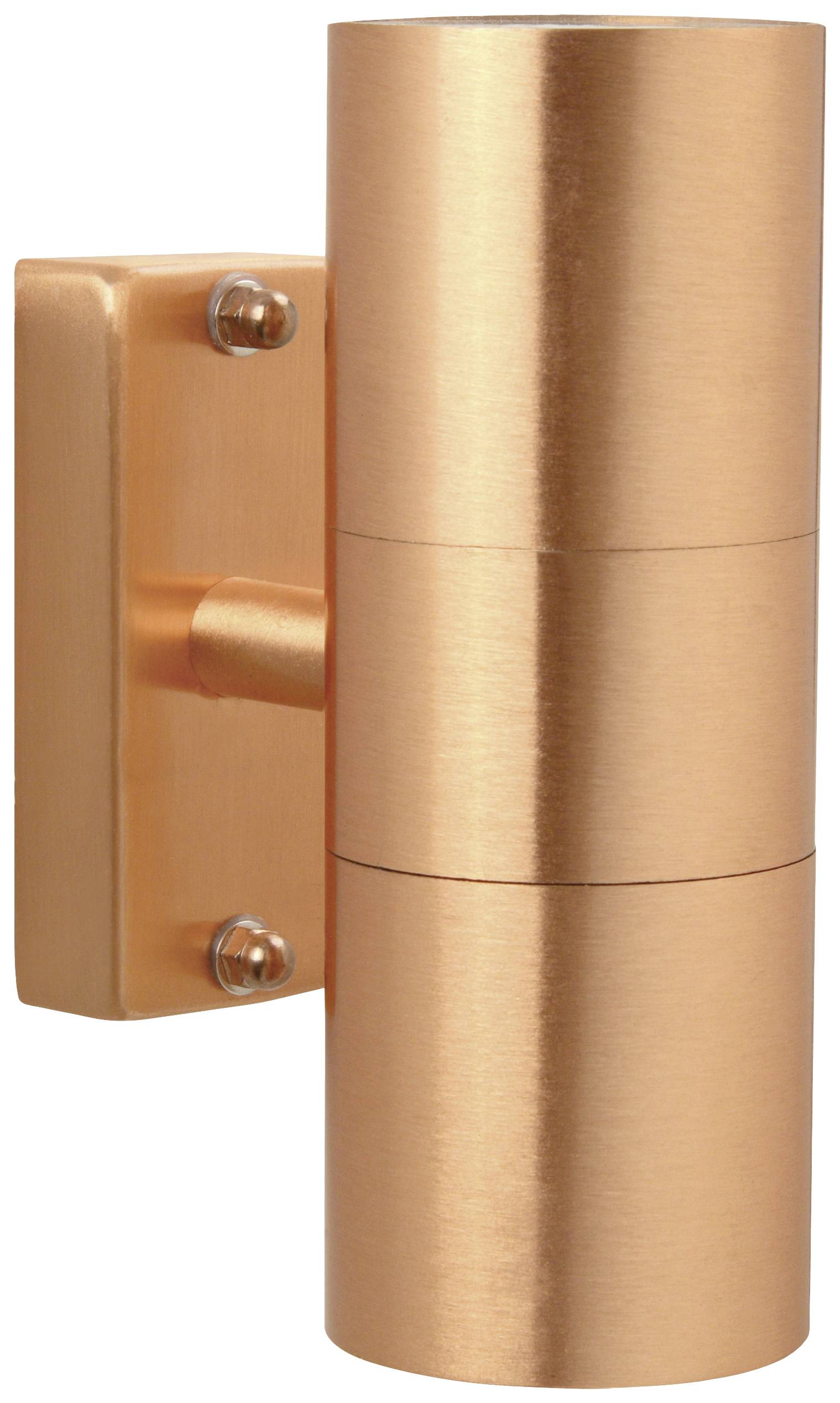 Cylindrical outdoor wall light in copper finish with two light sources, one at the top and one at the bottom. Ideal for contemporary facade illumination.