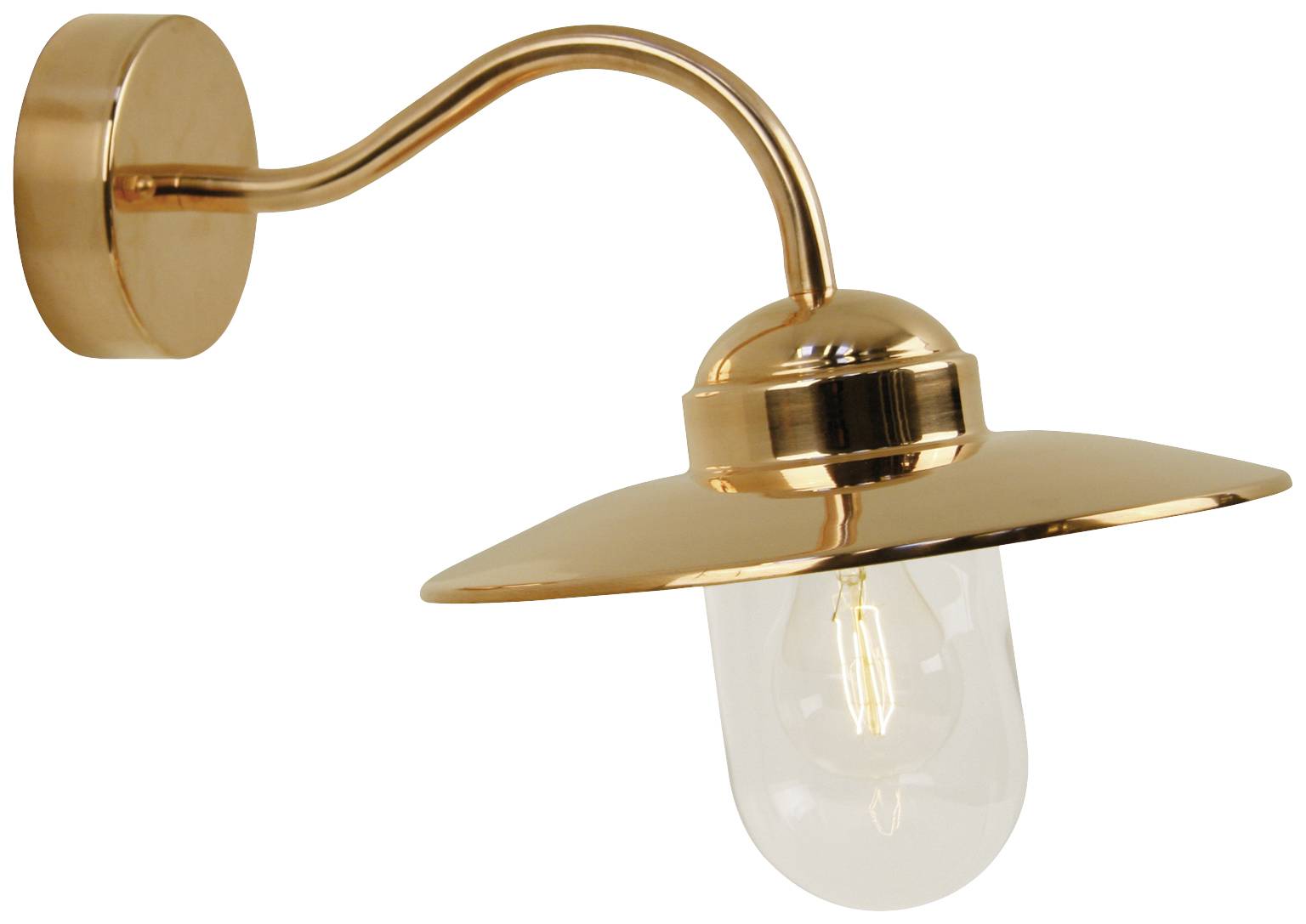 Copper-coloured wall light with a curved arm and a glass lampshade, conveying a vintage style.