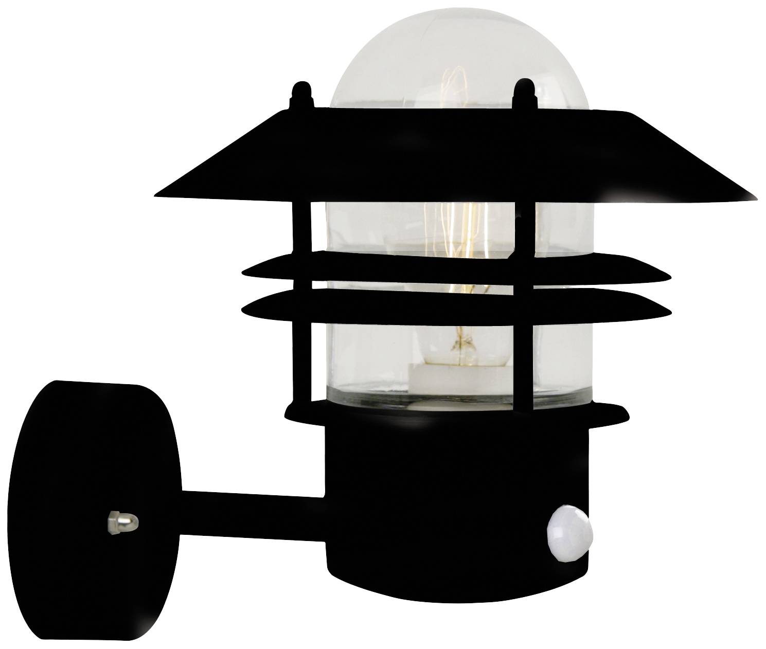 Exterior wall light in modern design, black with glass cover, suitable for illuminating entrance areas or terraces.