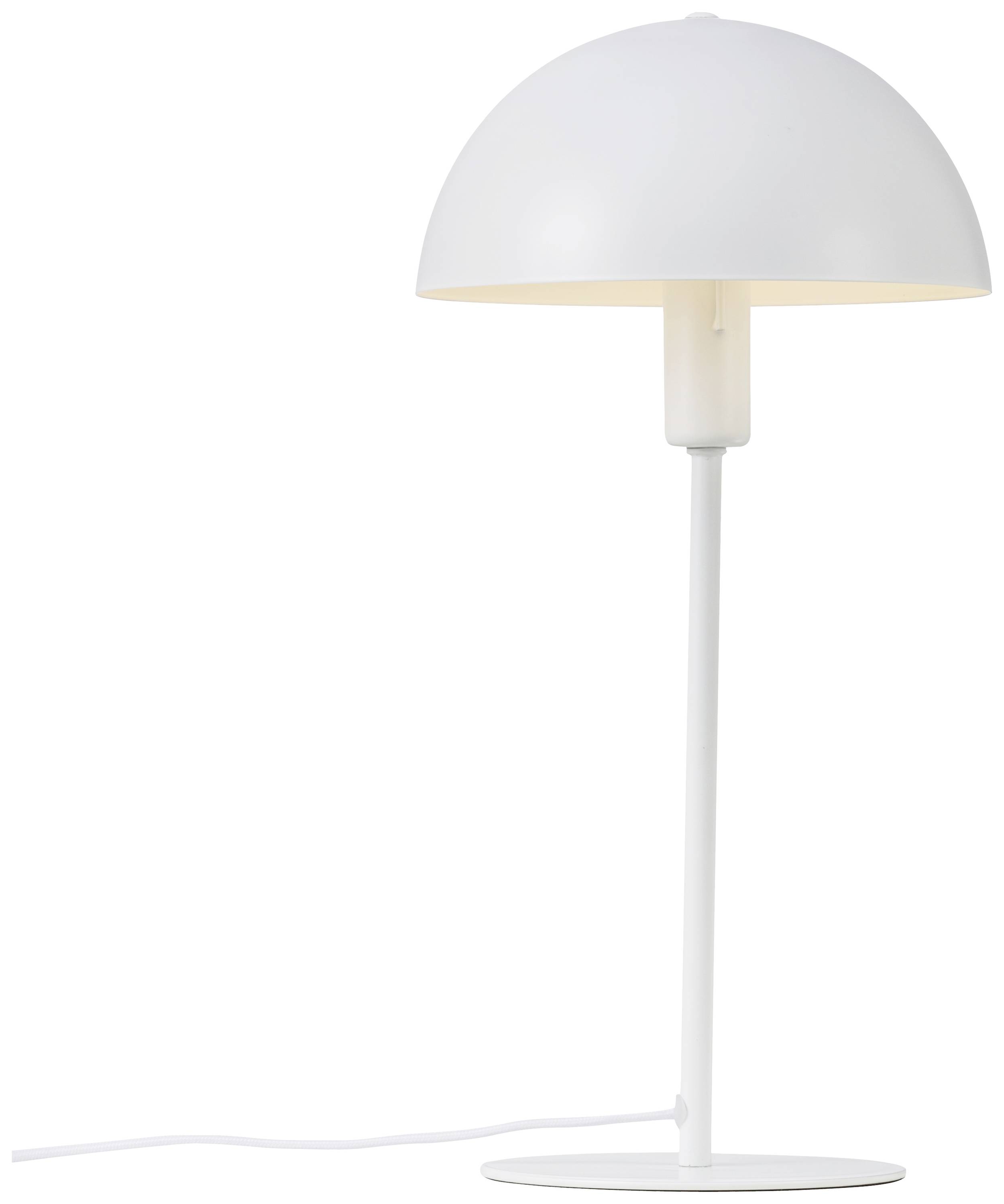 White table lamp with a round, dome-shaped shade and a slender base.