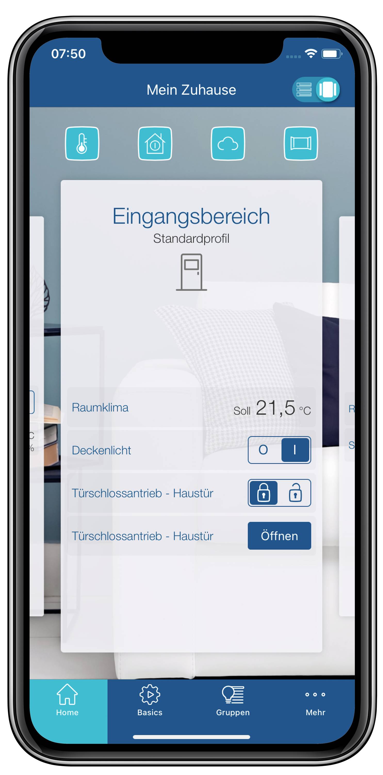 Smartphone displays a home automation app. Screen shows room climate at 21.5°C and door lock control set to 'Open' in the entrance area.