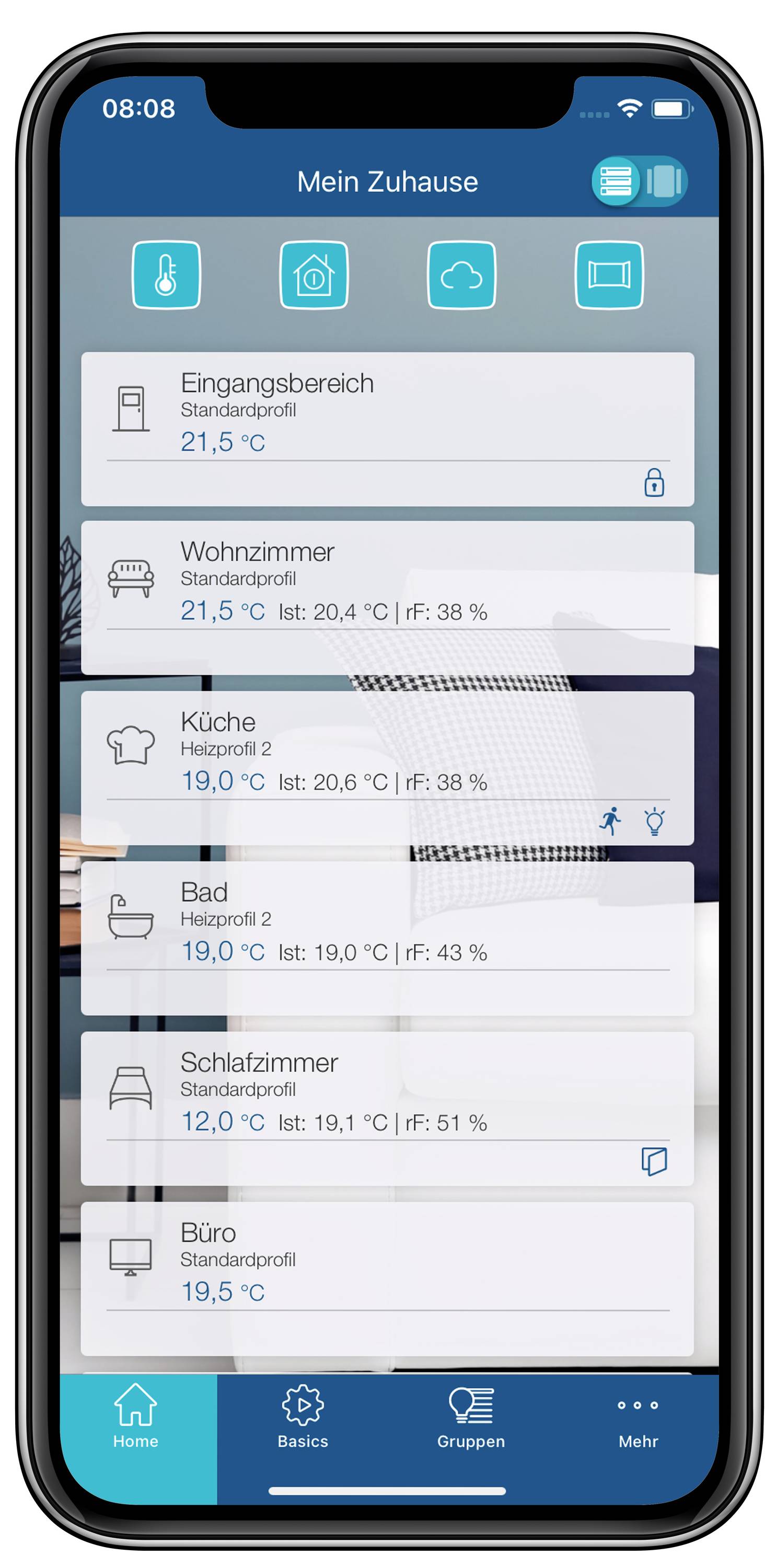 Smartphone displays an app for controlling room temperatures. Rooms: Entrance hall, living room, kitchen, bathroom, bedroom, office. Temperatures and profiles are specified for each room.