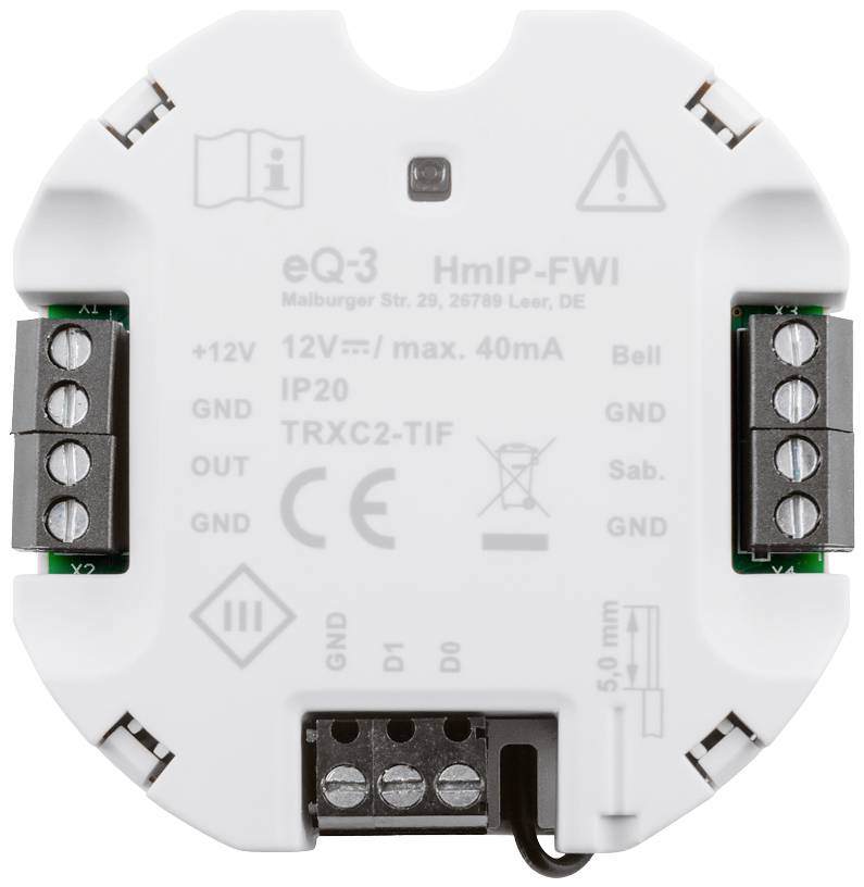 Circular electronic module labelled 'eQ-3 HmIP-FWI', showing connection terminals for voltages and switch configuration.