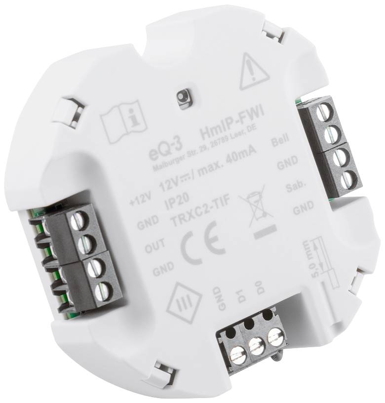 White wall-mounted device with multiple connection terminals and technical markings on the front.