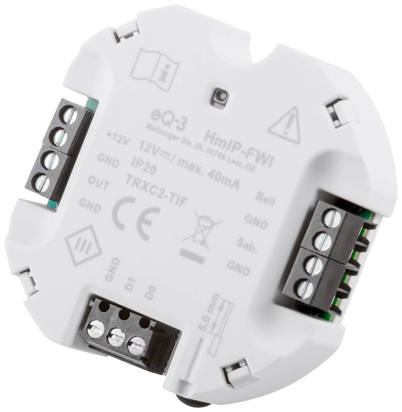 A smart eQ-3 switching device with connection terminals, suitable for 12V applications, encapsulated in a compact white housing.