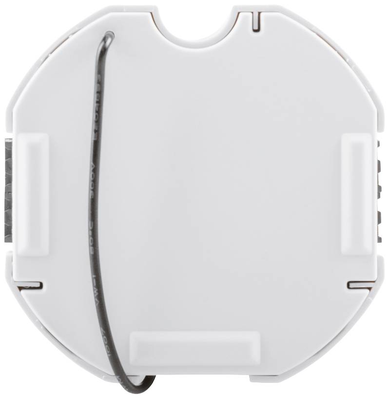 A white, round electronic device with a black cable. It has multiple ports on its sides.