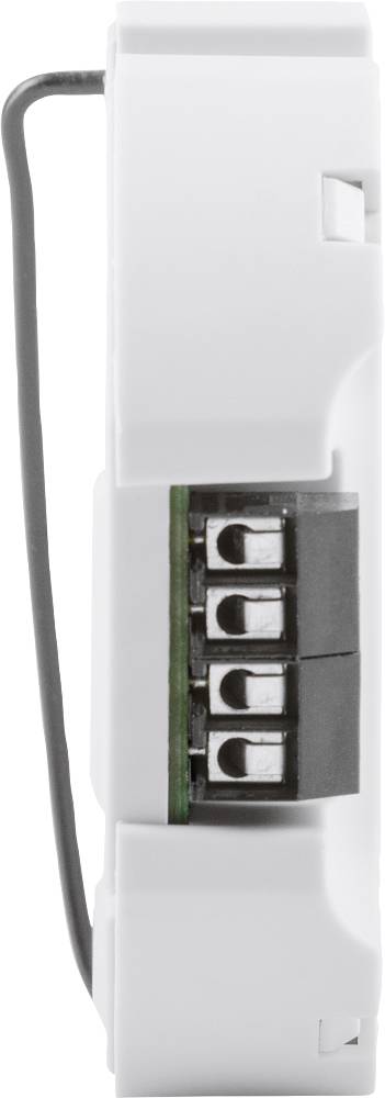 A white electrical module from a side perspective, with multiple connection terminals and a black cable on the left.