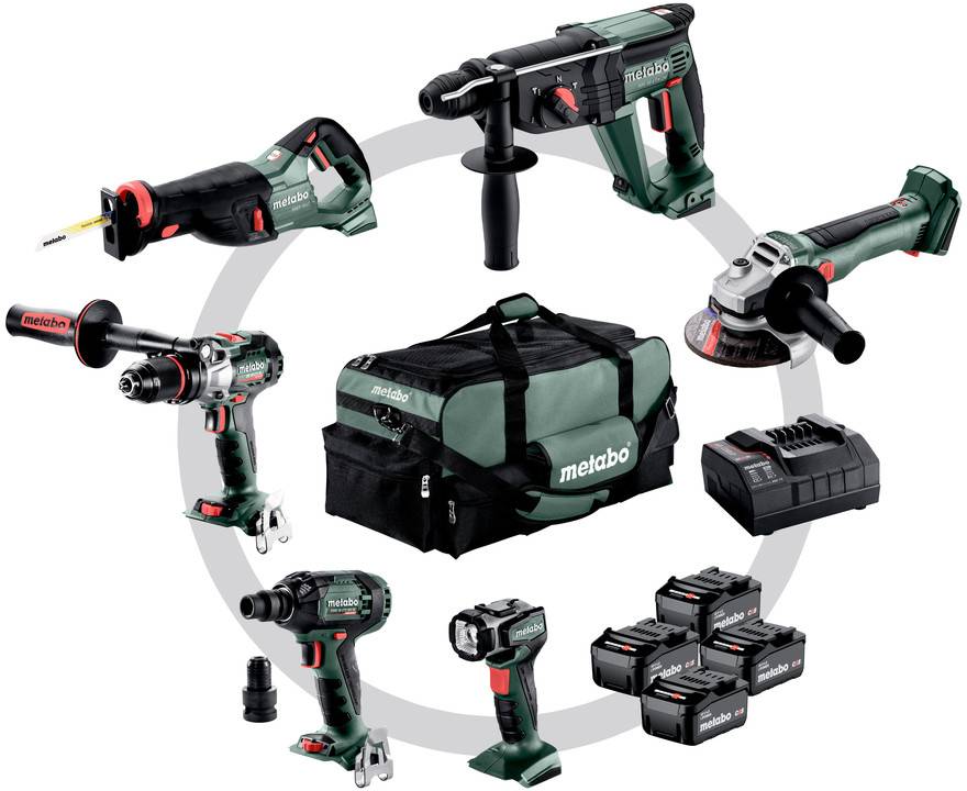 Combination of Metabo power tools including drill machines, angle grinders and tool bag, on a white background.