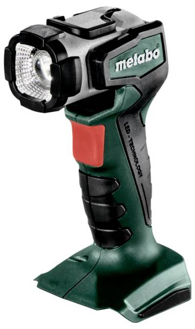 A handheld LED work light with a green and black grip, red button, and branded 'metabo'.