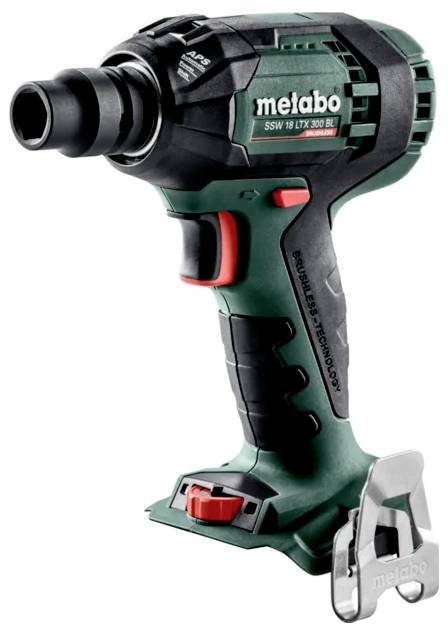 A green and black cordless impact driver with 'metabo' branding, featuring a metallic clip on the side, suitable for heavy-duty use.