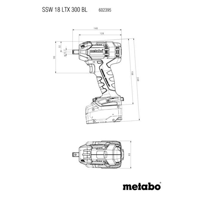 Schematic diagram of Metabo SSW 18 LTX 300 BL cordless impact wrench, showing dimensions and design details from various angles.