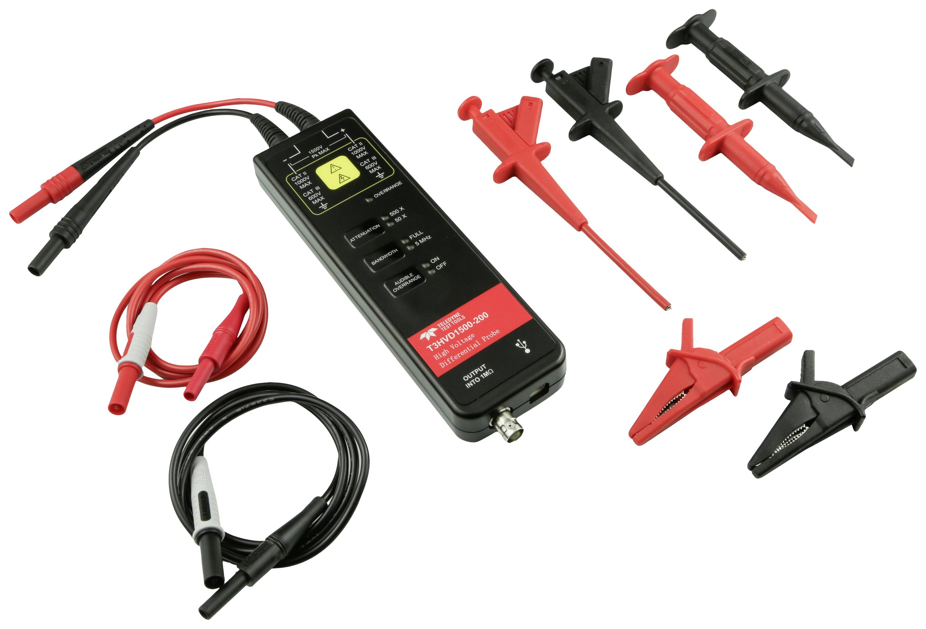Measurement kit with measuring sensor, crocodile clips and cables for testing electrical parameters, suitable for technical applications.