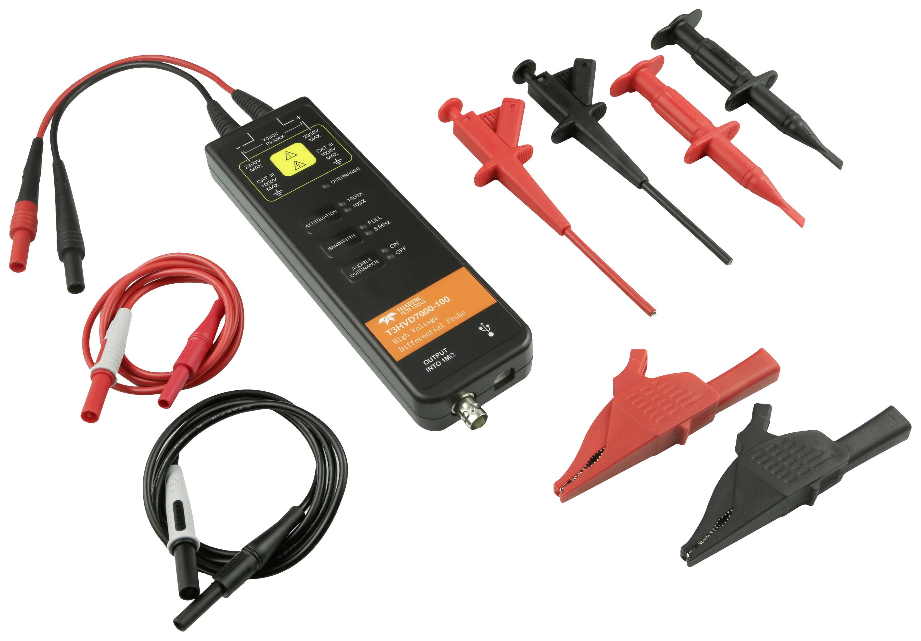Testing device with various measuring leads and clips in red and black on a white background.