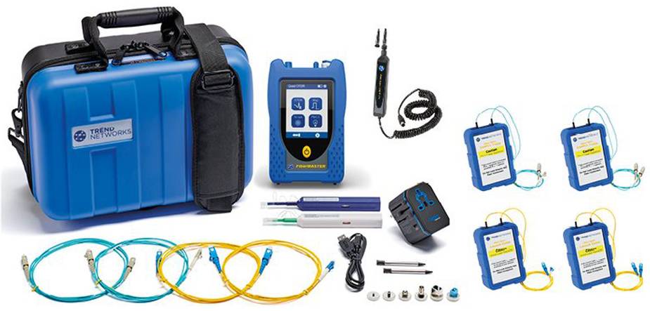 A set of devices and accessories for fibre optic cable testing, including a test device, cables, adapters and a carry case.