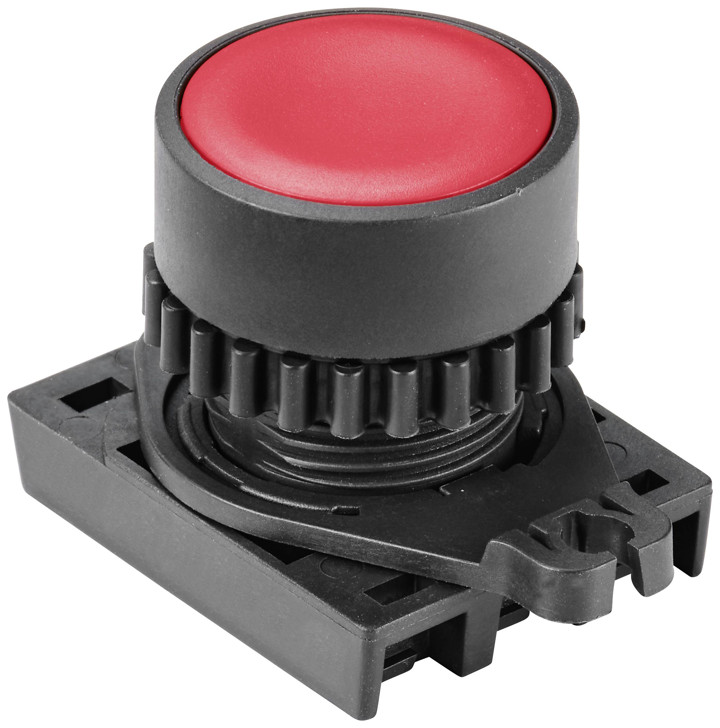 Red push button on a black base; suitable for control applications, signals a command or alarm in technical environments.