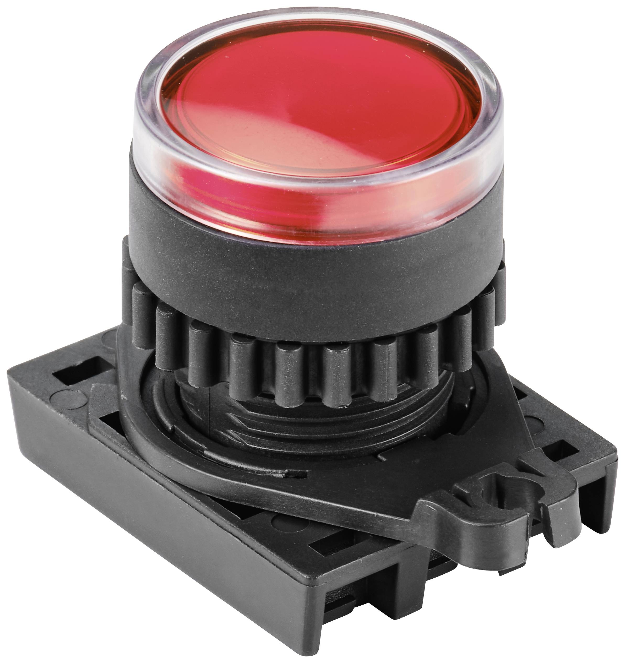 A red push button with a black housing, mounted on a square base.