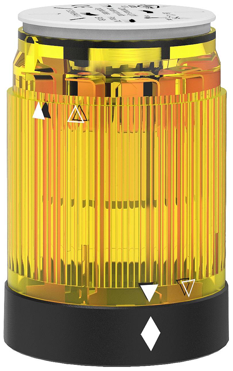Yellow warning light for machines, cylindrical in shape, with black and white markings.