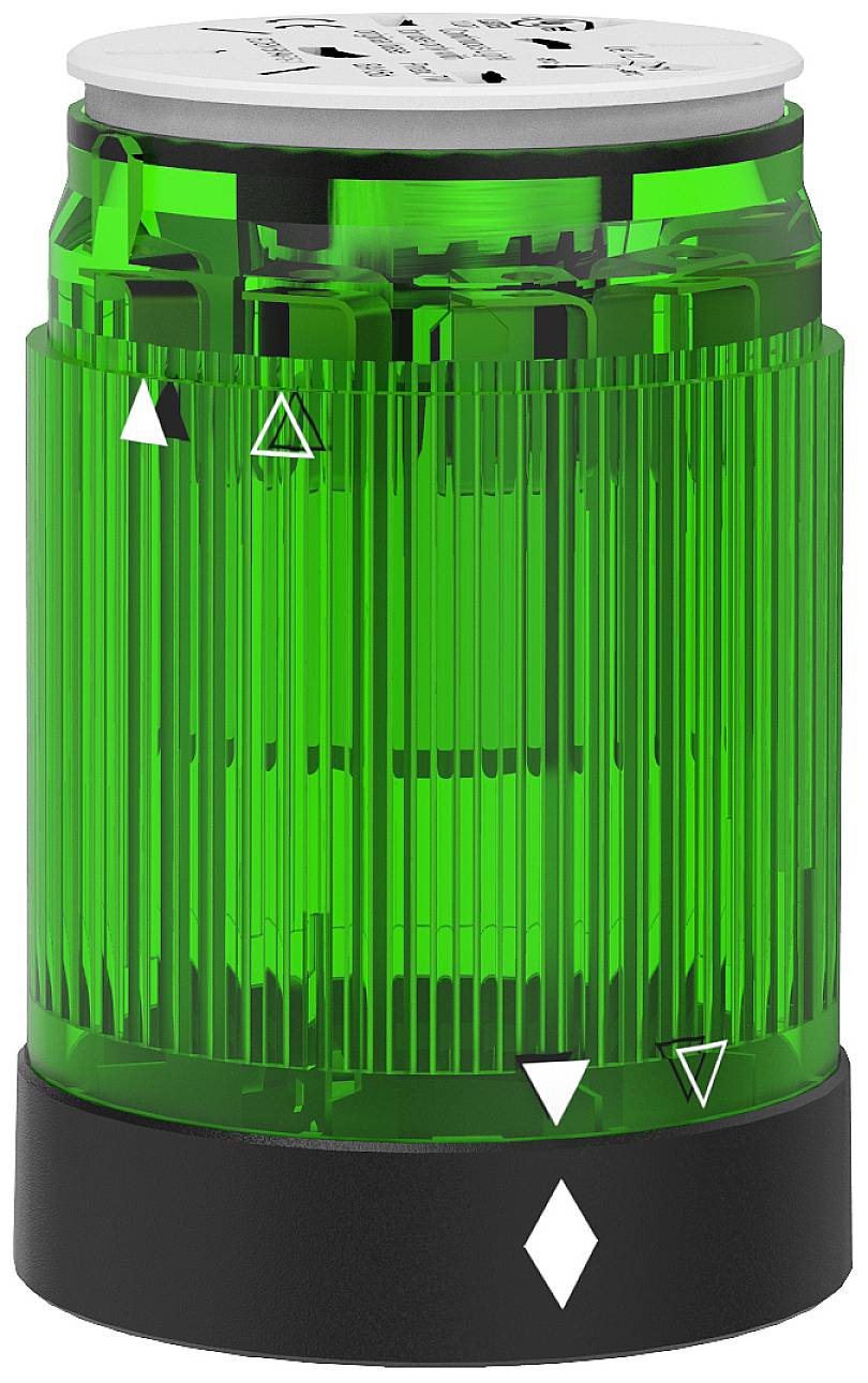 Green warning light with black base elements and multiple white geometric symbols, including triangles and a diamond.