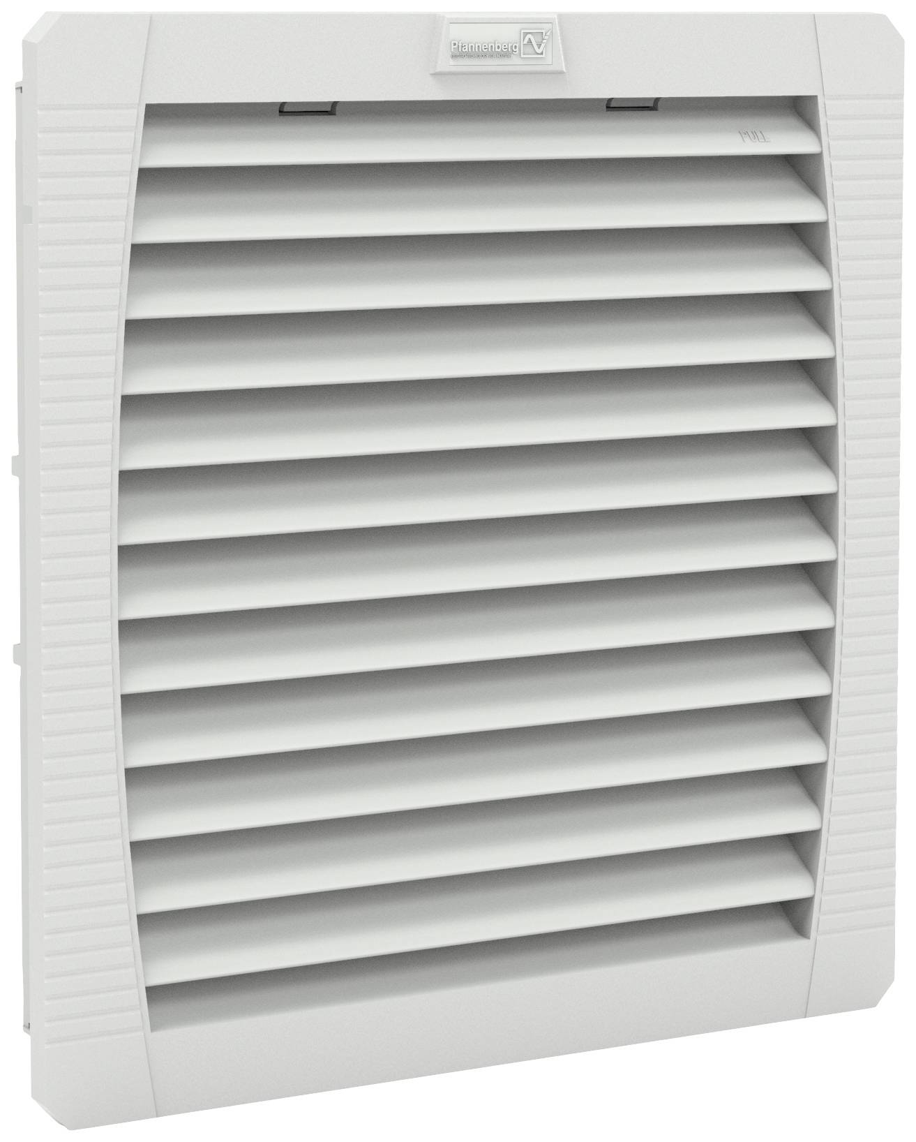 A white plastic ventilation grille for ventilation systems, rectangular with horizontally running louvres for air circulation.