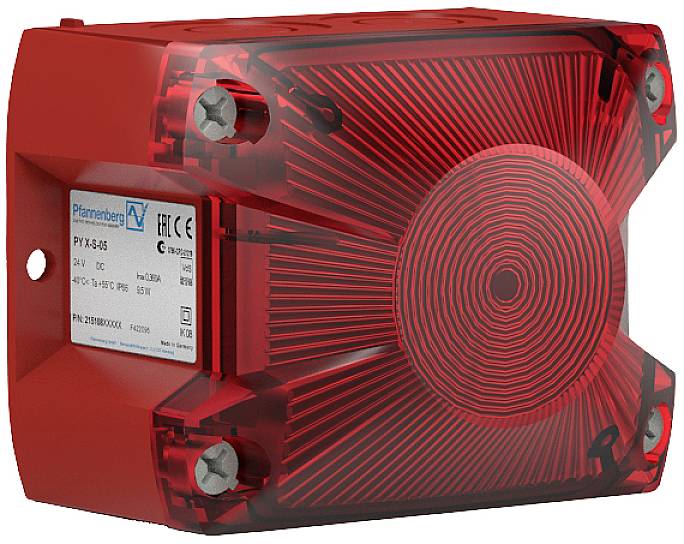 A red warning light device with four visible screws for mounting, used for safety or alarm systems in buildings.
