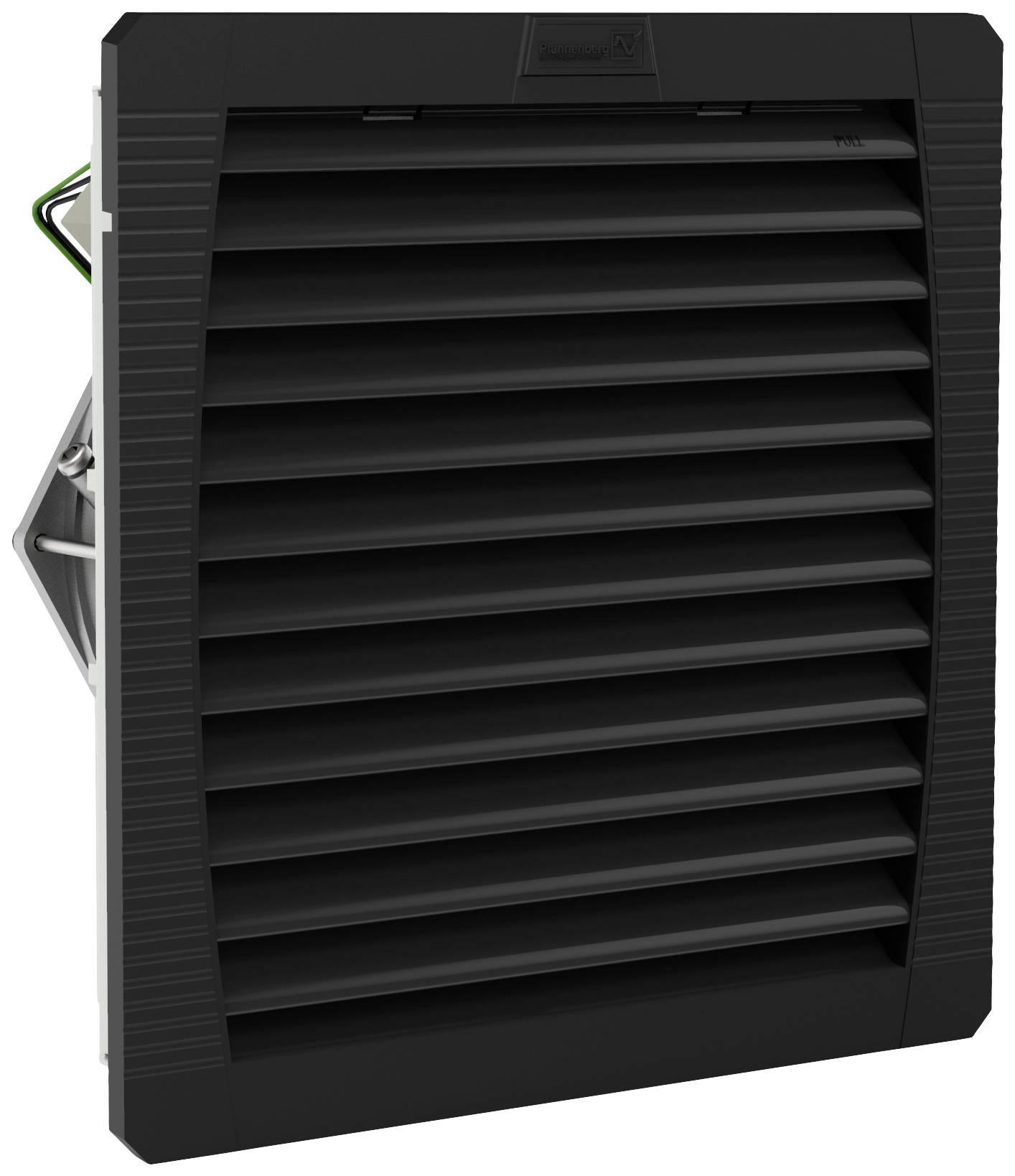 Black ventilation grille insert, rectangular, with horizontal louvres. Suitable for ventilation systems, shows side cable connection.