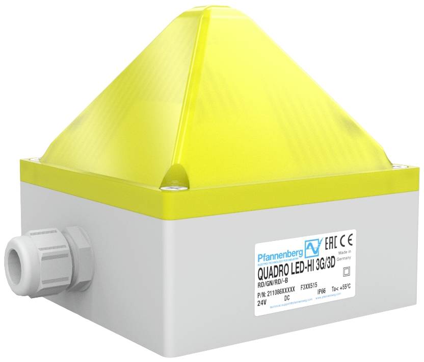 Yellow pyramid-shaped LED light on grey housing with cable connection and label; safety device with robust design.