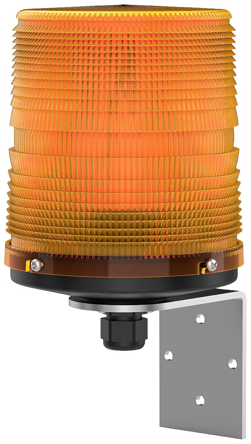 An orange warning light mounted on a wall bracket, commonly used to signal hazards or important events.