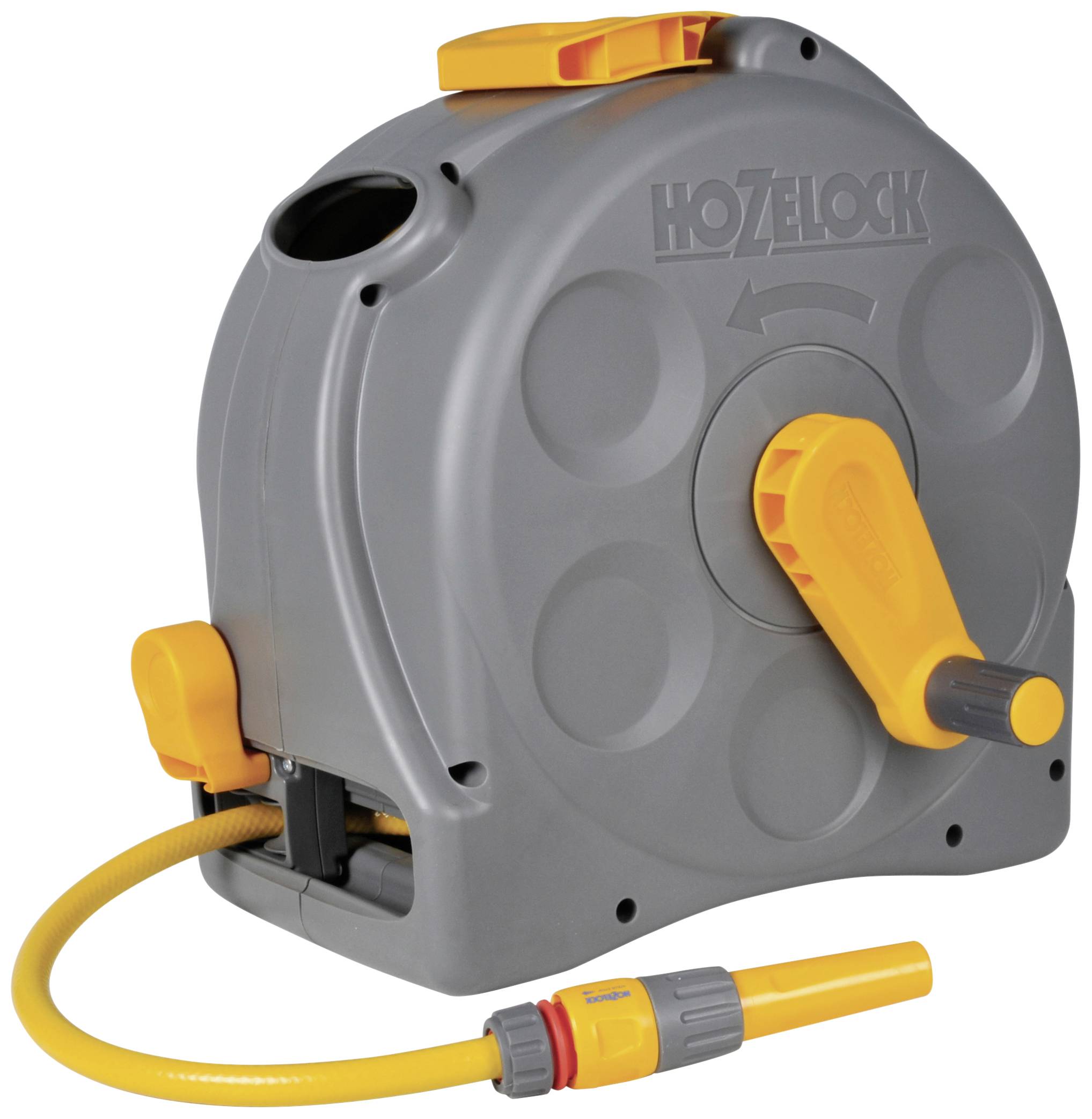Grey garden hose reel with yellow handle and connection. Standing on a surface. 'Hozelock' marking on the top side.