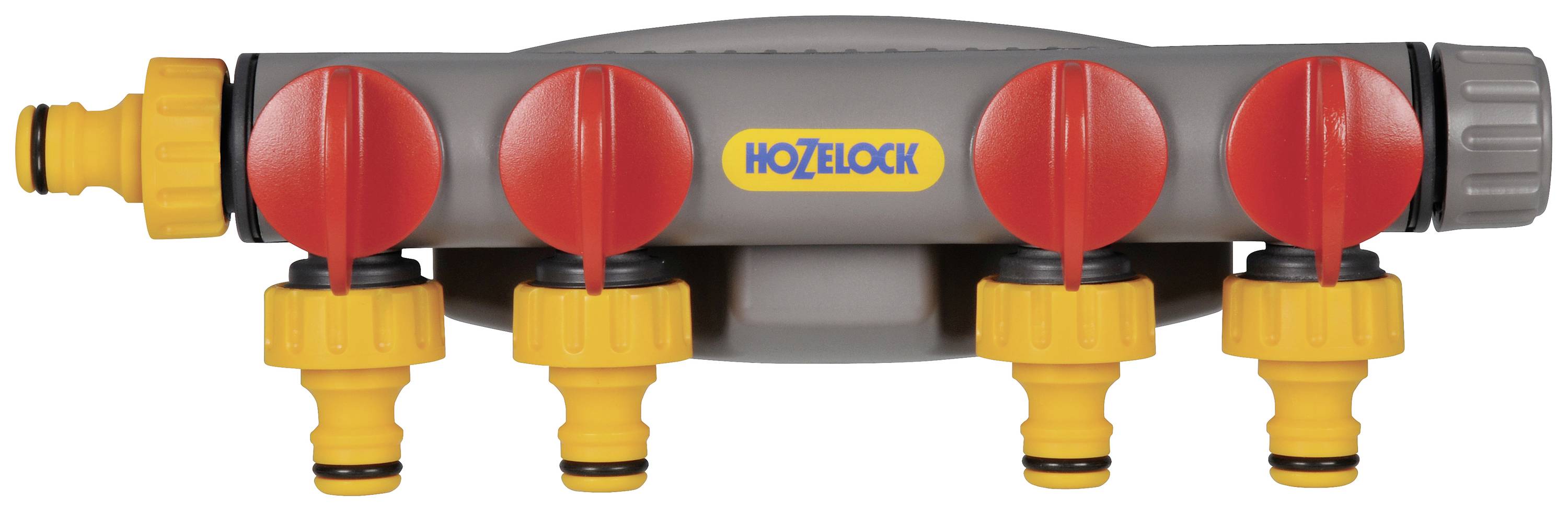 Garden hose distributor with five outlets, Hozelock brand, featuring red and yellow valves for controlling water flow.