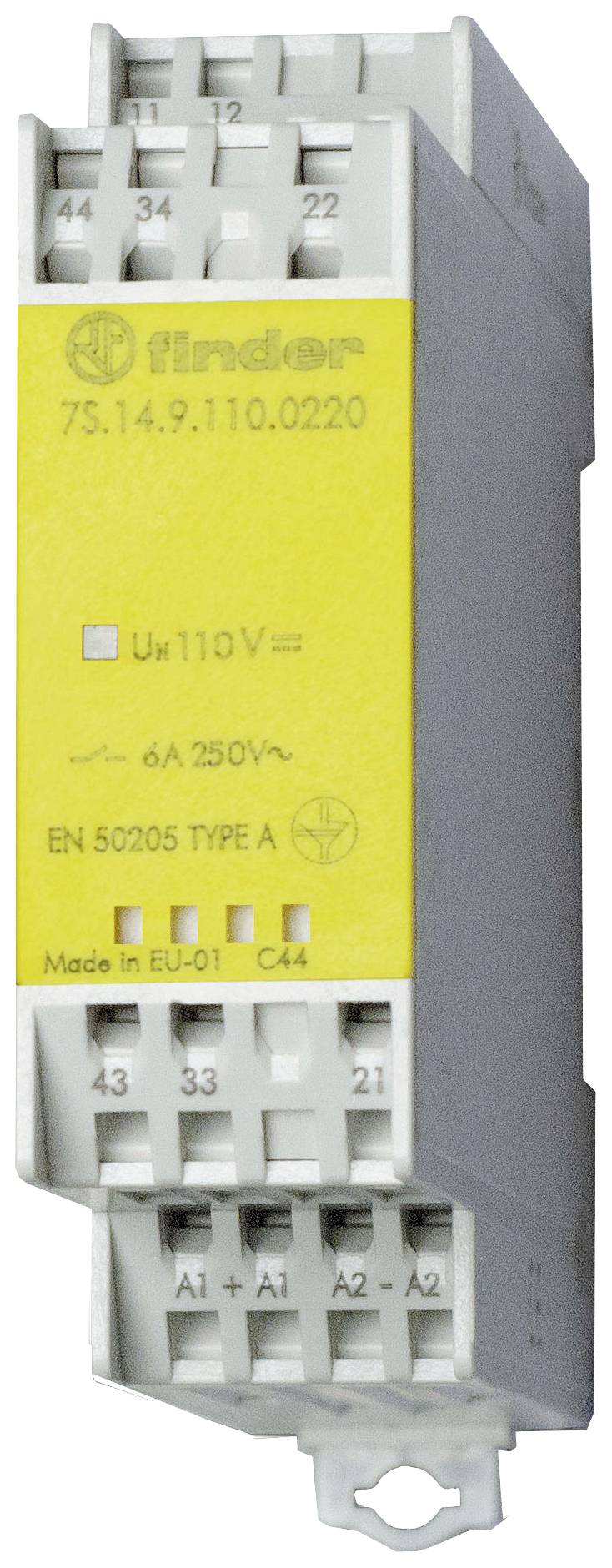 Industrial relay with yellow label, specifications: '110V voltage variation', '6A 250V', 'EN 50205 TYPE A'.