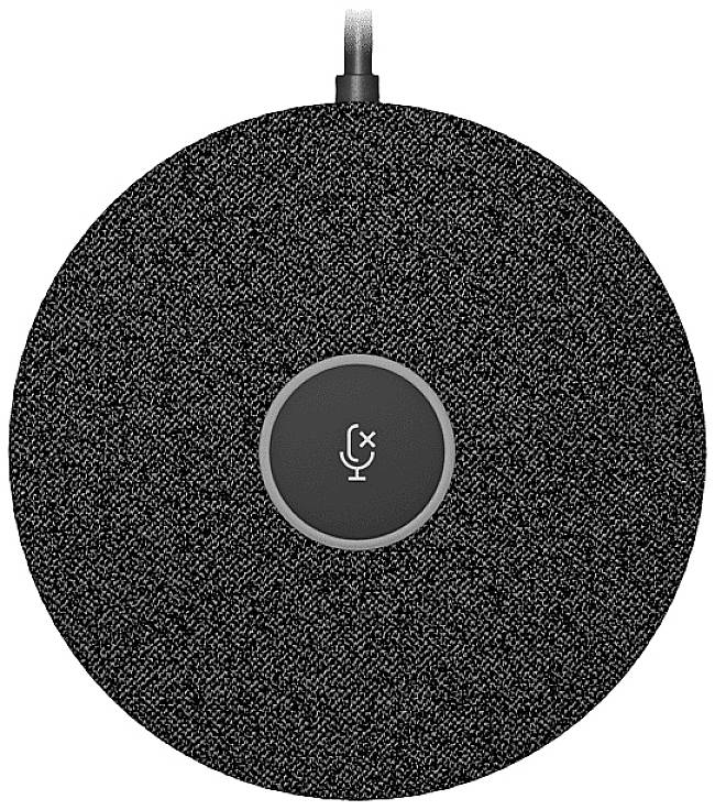 A black, round conference microphone with a mute symbol in the centre.