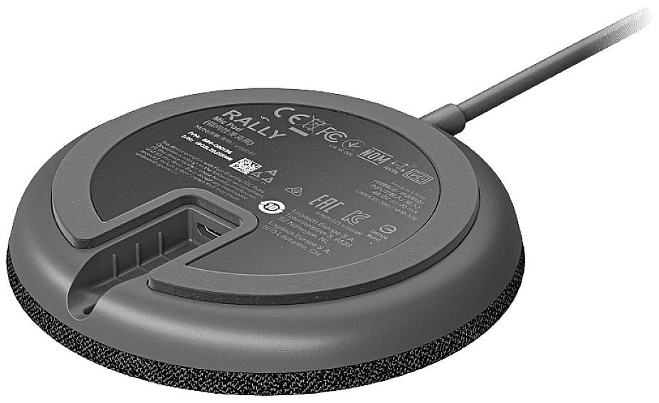 Round, black conference microphone base with cable, brand name 'Rally' and certification symbols on the top surface.