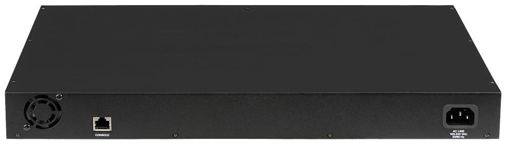 Rectangular black network device with a fan, Ethernet port and power socket on the rear.