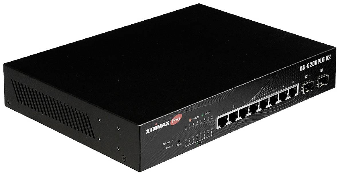A black network switch with multiple Ethernet ports on the front. Brand name and model number are visible.