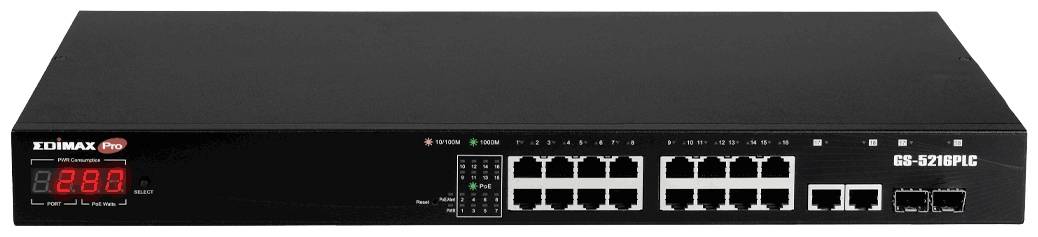 Black network switch with 16 Ethernet and 2 fibre optic ports on the front panel. Digital display shows '280'.