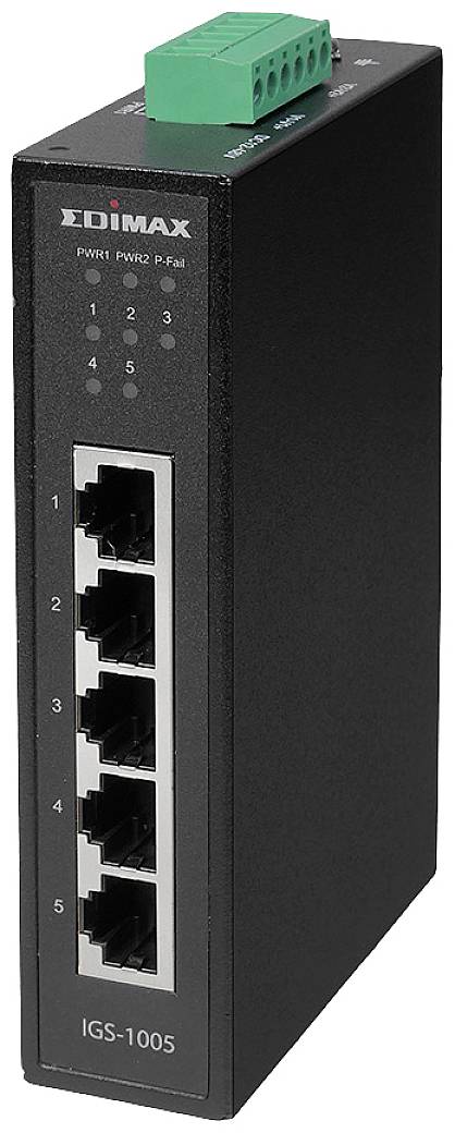 A black, rectangular network switch by Edimax with five Ethernet ports and a green control light on top.