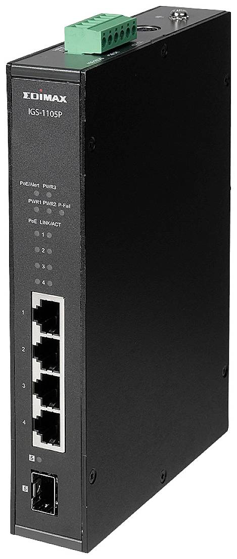 A black, industrial PoE switch from Edimax with five Ethernet ports and a fibre optic connection, suitable for robust networks.