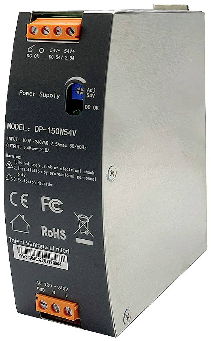 A silver power supply unit with a black front panel. Text shows model 'DP-150W54V', input 100-240V, output 54V. CE and RoHS markings.