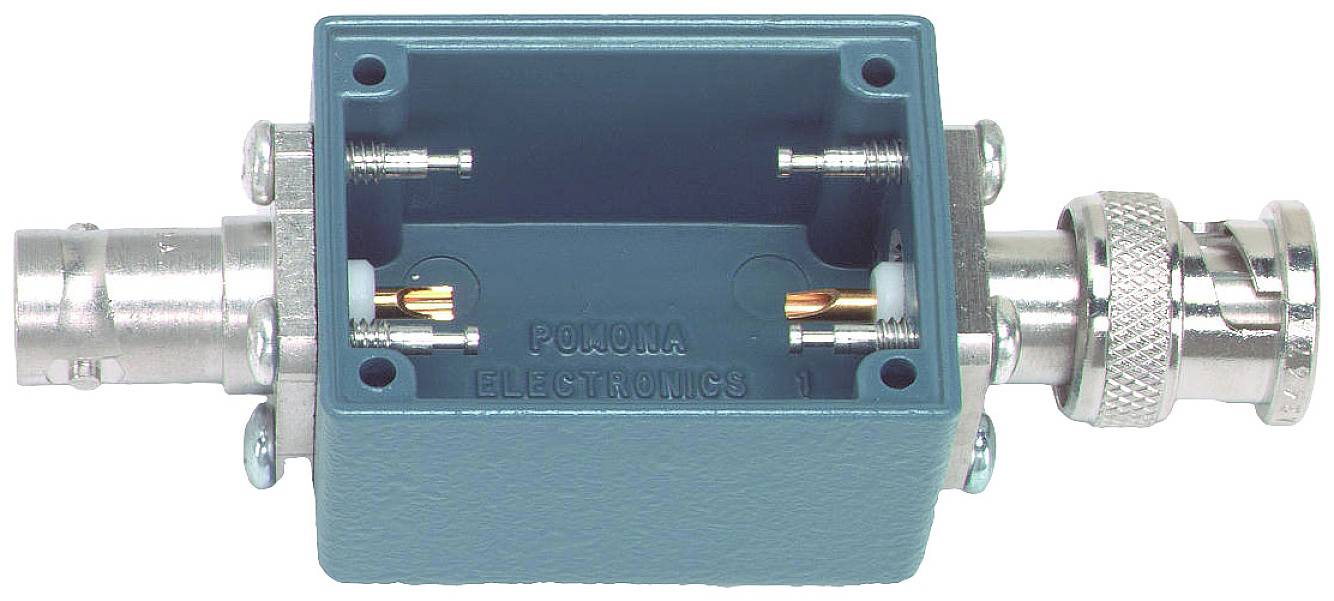 A rectangular, blue connector plug with two metal terminals and 'Pomona Electronics' inscription on the inside.