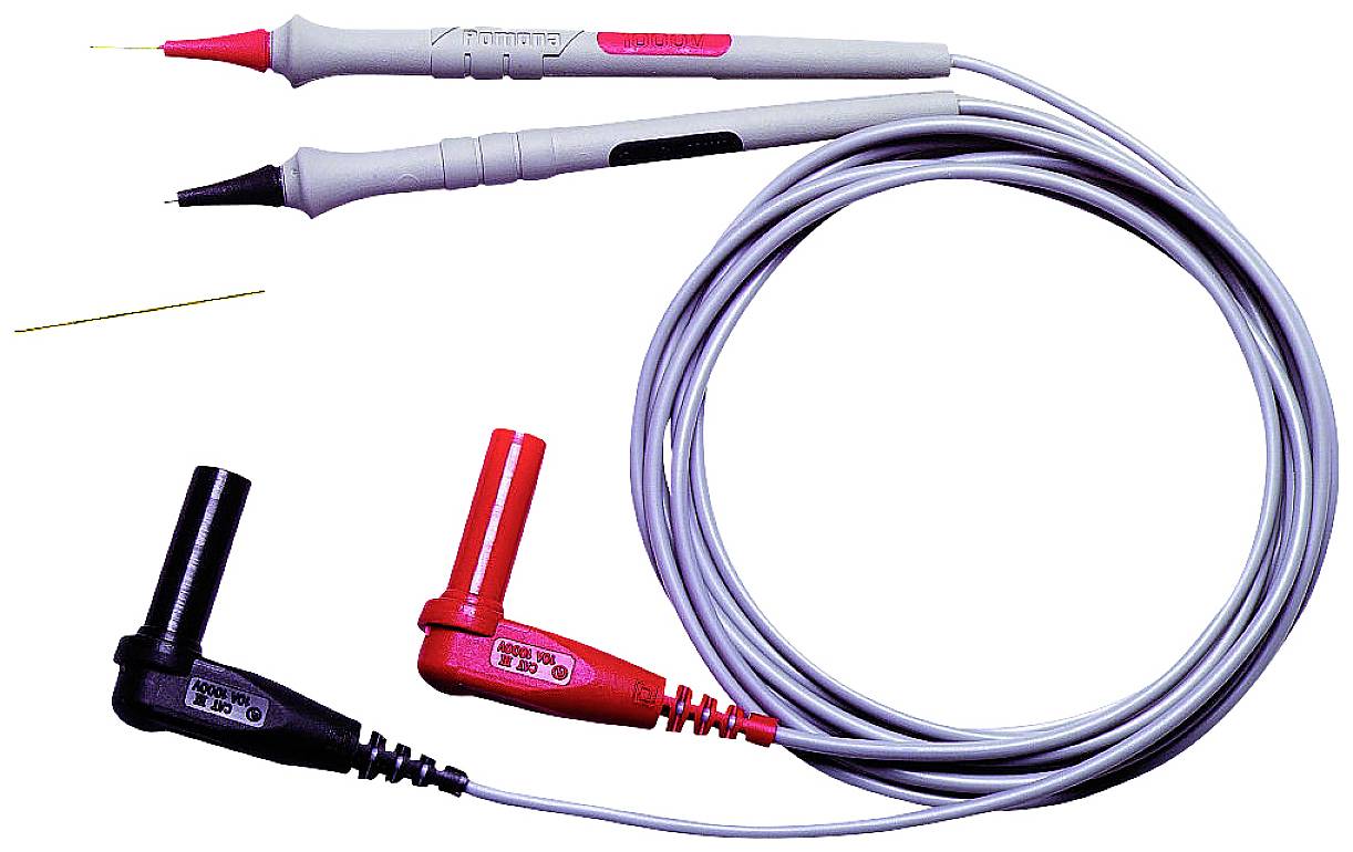 A set of test lead cables with a black and a red plug.