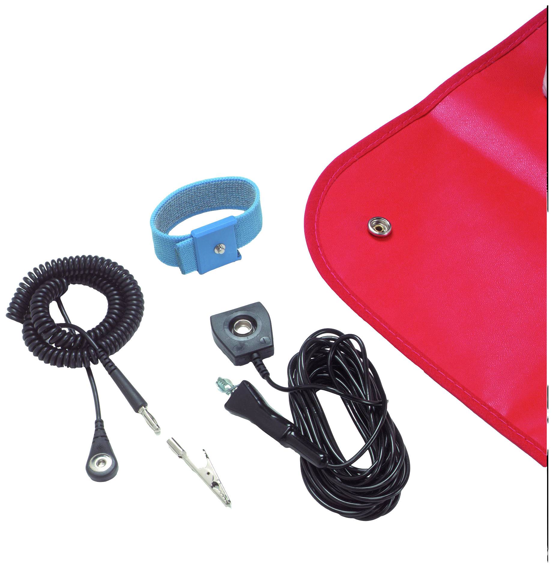 Various electrodes and a wristband next to a red case. Accessories potentially for medical or electronic purposes.