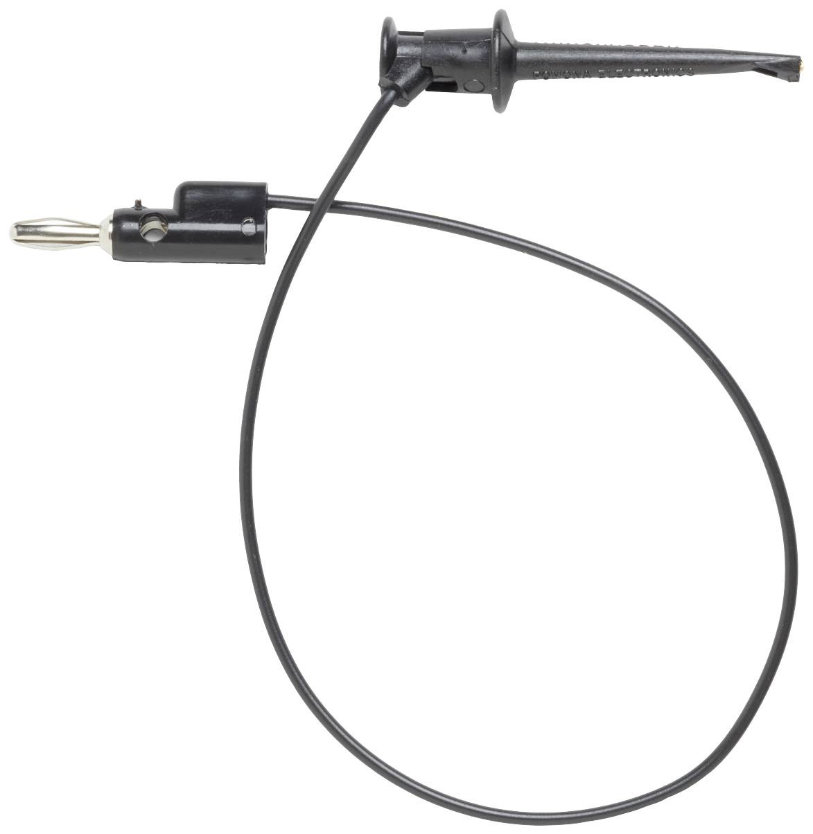 Black testing device with crocodile clip and banana plug. Used for testing electrical circuits.