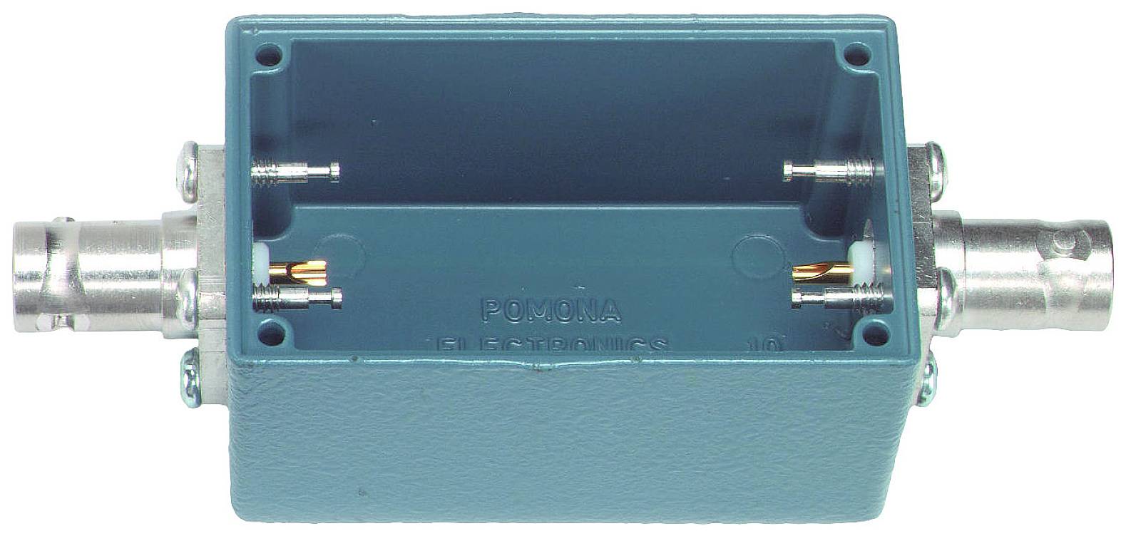 A blue electronic enclosure with two BNC connectors on the sides. Suitable for connecting to signal cables.