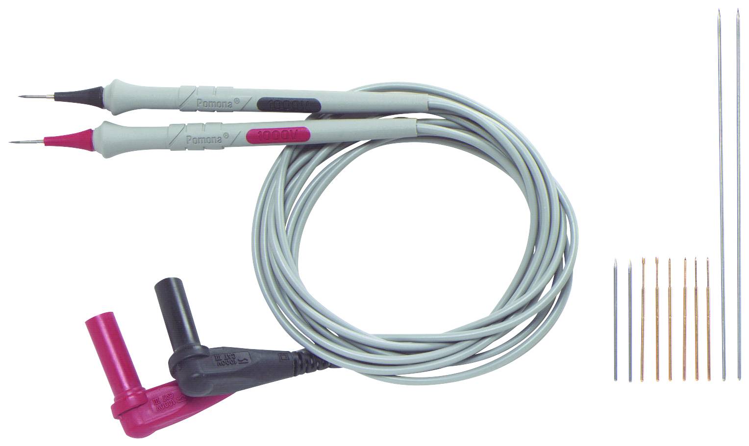 Two measurement leads with pointed test probes and angled plugs, suitable for electrical measurements, alongside several spare tips.