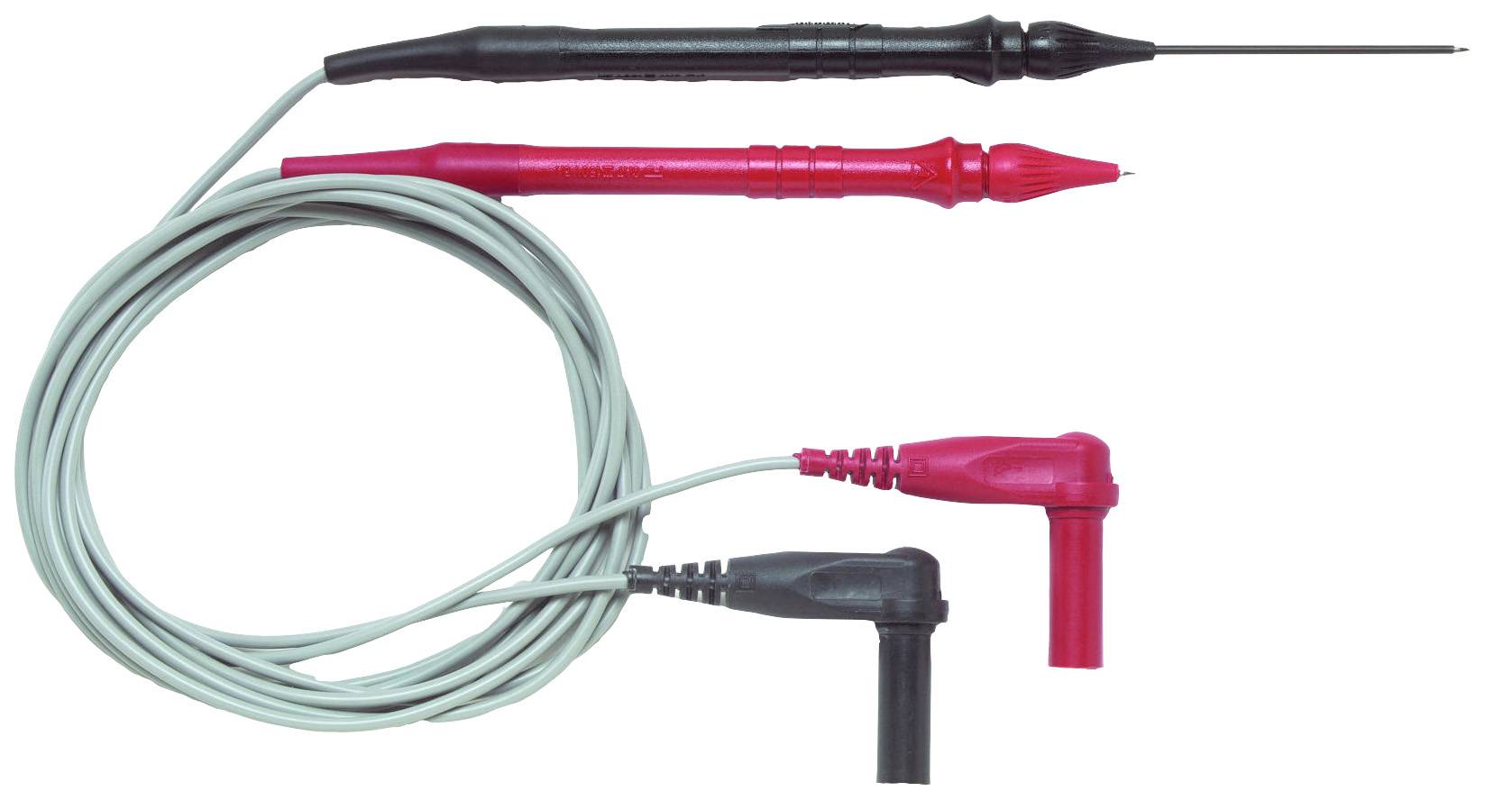 Two test probes with cables: one red and one black, used for electrical measurements and tests.