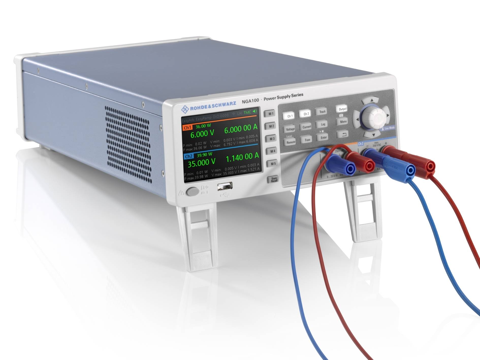 Power supply unit with digital displays showing voltages and currents. Connected red and blue cables with banana plugs.