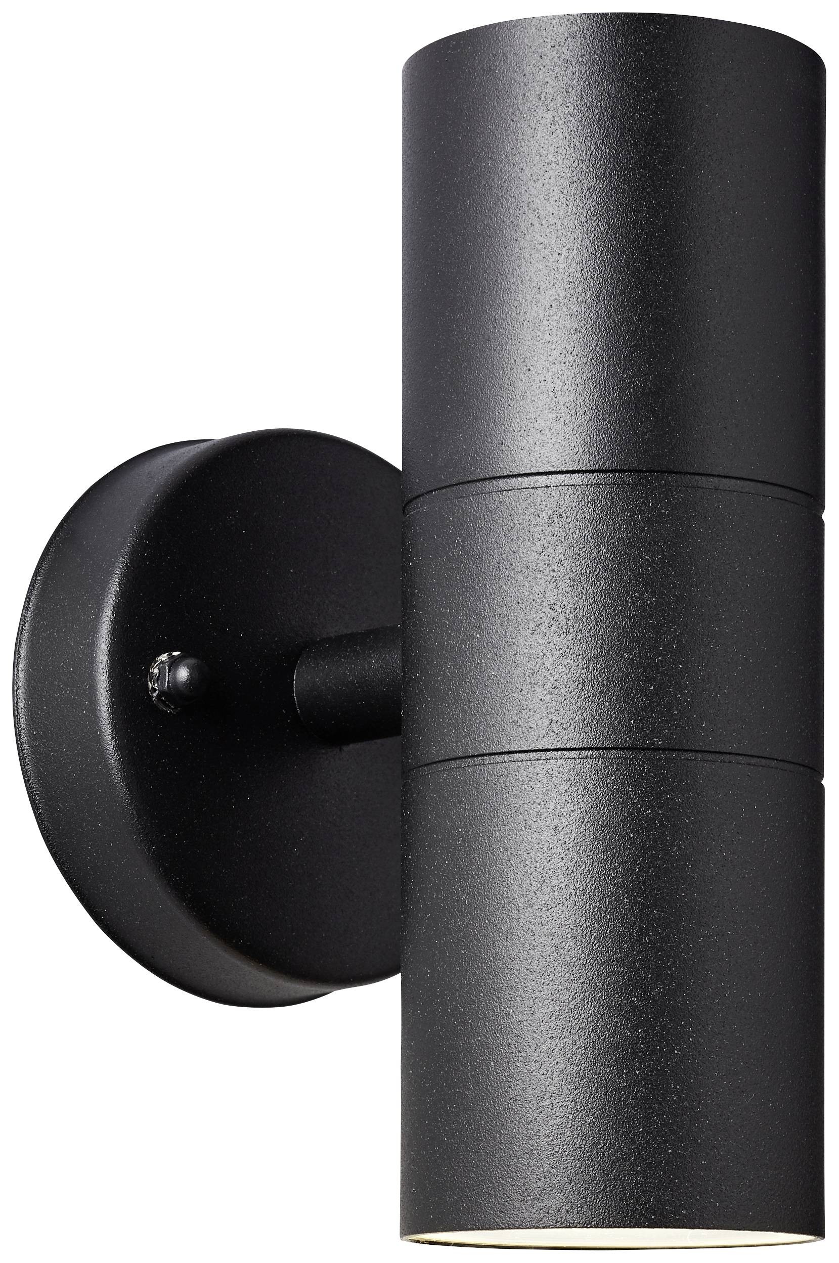 Black, cylindrical outdoor wall light suitable for modern exterior lighting purposes.
