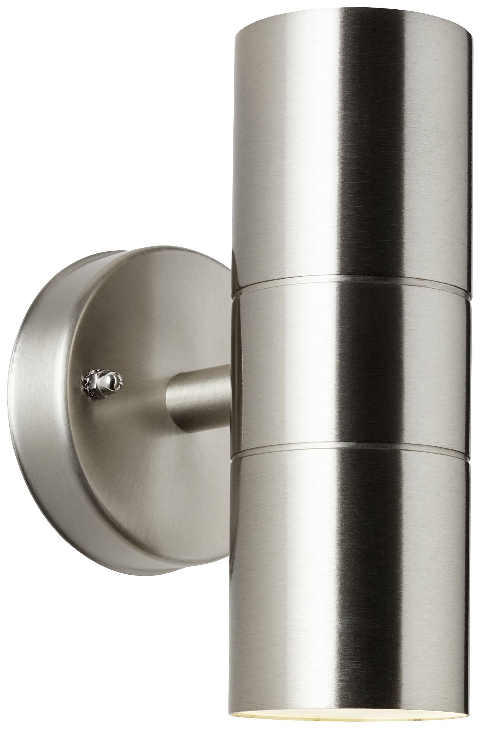 Silver, cylindrical wall light with two light sources, mounted on a circular base. Modern design, illuminating upwards and downwards.