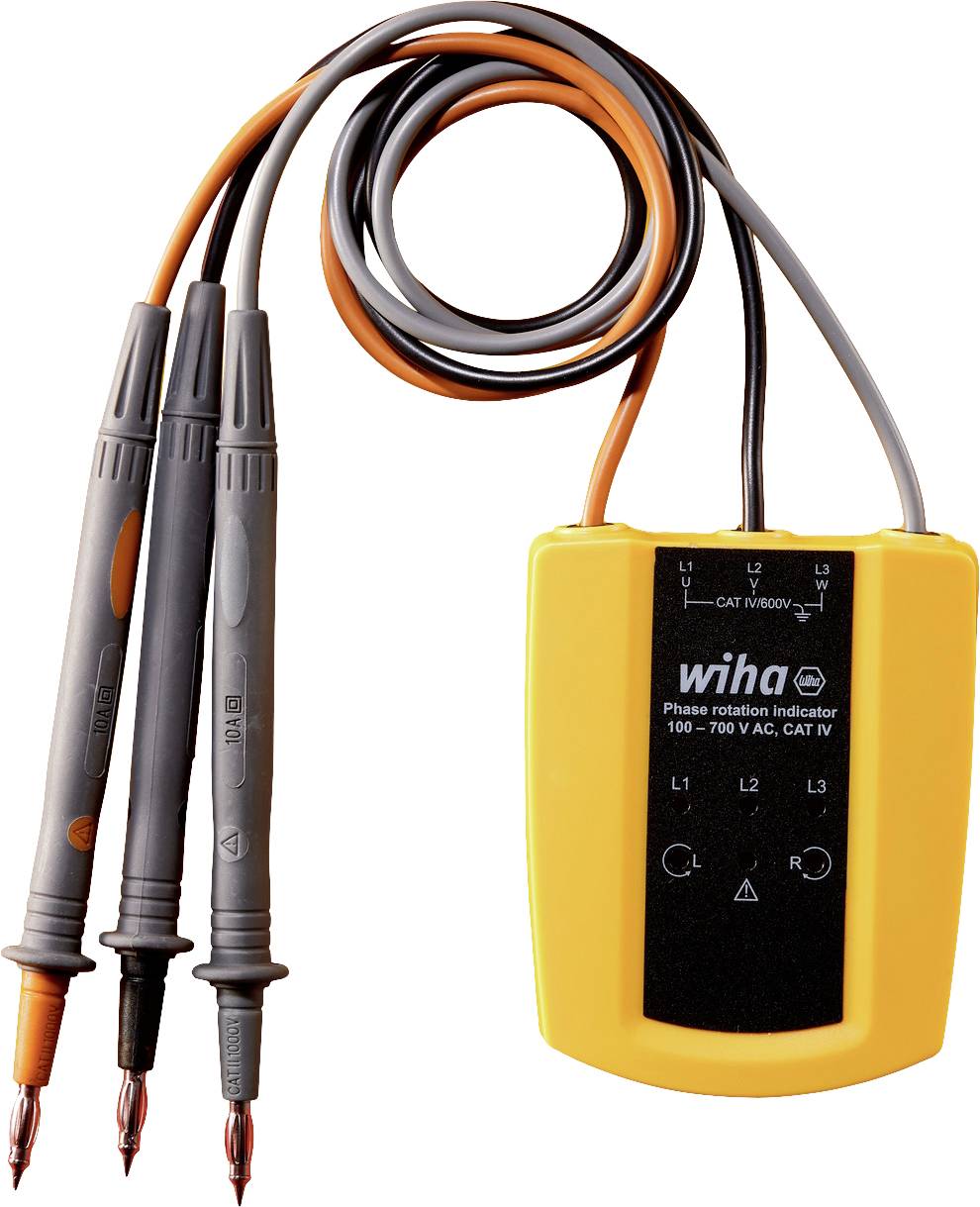 Phase tester with three electrically connected probes and yellow housing; indicates phase sequence in electrical systems.