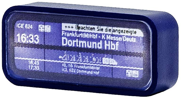 Electronic display shows: 'ICE 624', destination 'Dortmund Hbf', arrival at '16:33', additionally 'Frankfurt/M Hbf – K Messe/Deutz'.